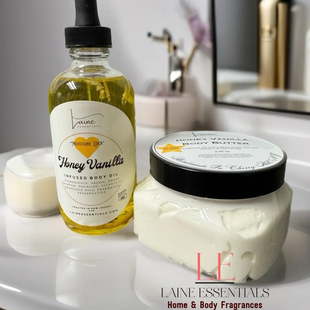 Handmade Honey Vanilla Infused Body Oil and Body Butter Duo.